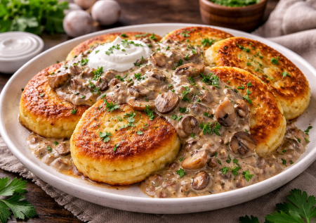 О мясных забыли! Картофельные котлетки с грибным соусом и сметанкой — сытно, ароматно и по-домашнему вкусно