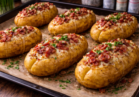 Ну просто королевская картошка — с хрустящей корочкой, беконом и тянущимся сыром. Съедают влет и быстрее мяса