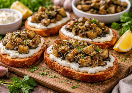 Запекла 2 баклажана и соорудила шикарную закуску: вкусно подавать на поджаренном хлебе с творожным сыром