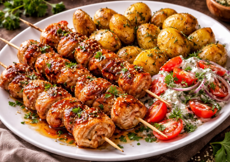 Вкусный ужин за 30 минут — бедра на шпажках, картошка и салат. Мясо с ароматным маринадом без лишней возни