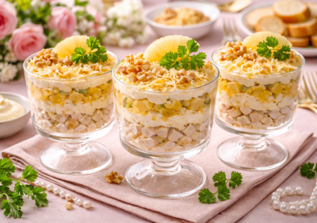 Порционный салат «Курица в раю» для женских посиделок: курица, ананас и легкая заправка — без грамма майонеза