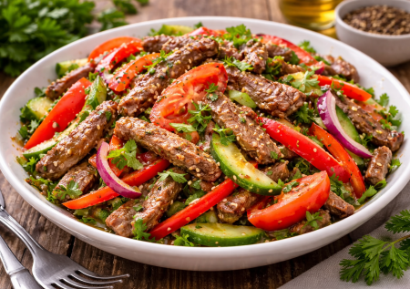 Без майонеза и заменит ужин: салат с говядиной и овощами по-корейски — сочный, пряный и с ярким вкусом