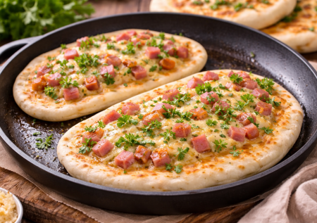 Быстрые лепёшки «как пицца»: с сыром и колбасой на сковороде. Простое тесто на кефире