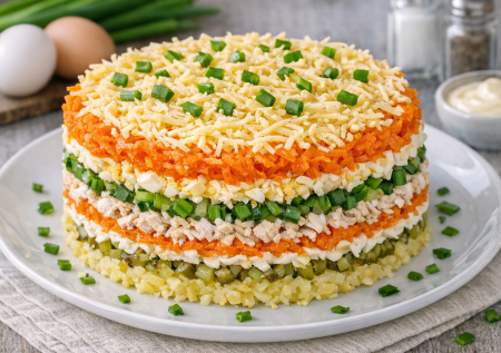Слоеный салат «Монах» — эффектное блюдо к празднику с ярким вкусом и простыми шагами