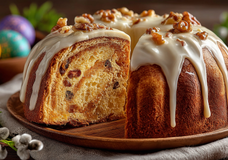 На Пасху пеку кулич-синнабон с коричной прослойкой и сливочной глазурью — волокнистый мякиш со снежной шапкой