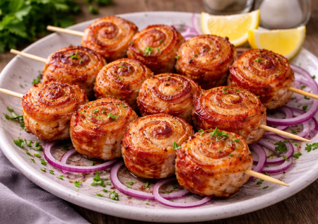 Такие улитки верчу и на праздник и на ужин: 7 минут и уже печем — вкусные шашлычки из бекона и курицы в духовке