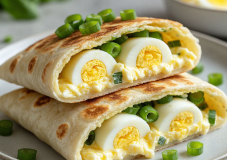 Вареное яйцо, зеленый лук и плавленый сырок заворачиваю в лаваш. Жарю на сковороде — весенние конвертики за 10 минут