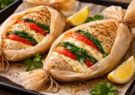 Укутываю грудку в пергамент: никаких брызг и жира от сковороды, а мясо — нежность. Сочная курочка в духовке