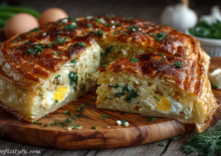 Пирог пасхальный «Русские узоры» с капустой — нежное слоеное тесто и сочная начинка. Празднично, сытно, красиво