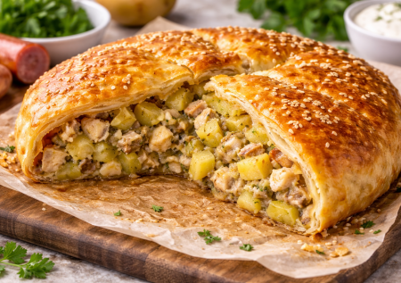 Забудьте о чебуреках и хачапури: сочный пирог-кругляш с курицей и картошкой на слоеном тесте. Готовится быстро и с изюминкой
