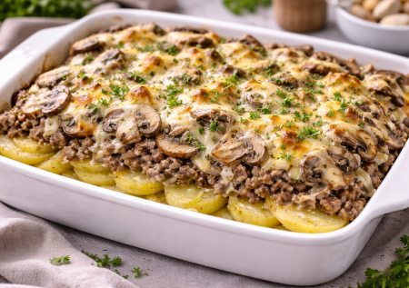 Кладу слоями фарш, картошку и грибы: самая вкусная и простая запеканка, которая легко сойдет за праздничное блюдо
