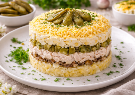 Понравился всем больше оливье: слоеный куриный салат «Ряба» с грибами и картошкой