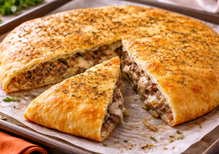 Никакого больше курника: итальянский пирог с мясом и сыром на тонком хрустящем тесте — сочный внутри и румяный снаружи