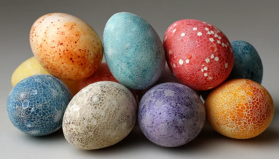 Кружевная сеточка на яйцах при помощи марли и риса