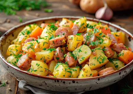 Теплый салат с колбасой и запеченными овощами — уютный вкус, который согревает прямо из духовки