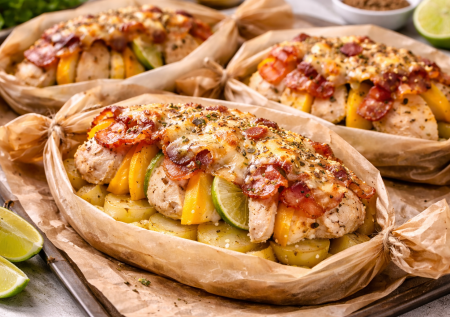 Порционное горячее на Пасху: кладем в лодочки из пергамента картошку и курицу, но не по-простому, а с изюминкой