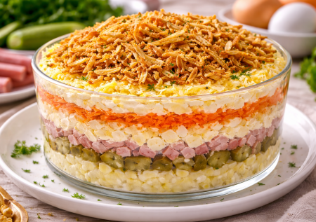 Этот салат запомнят все: «Шикарный» с луком фри сверху. Может потеснить всю классику с вашего стола