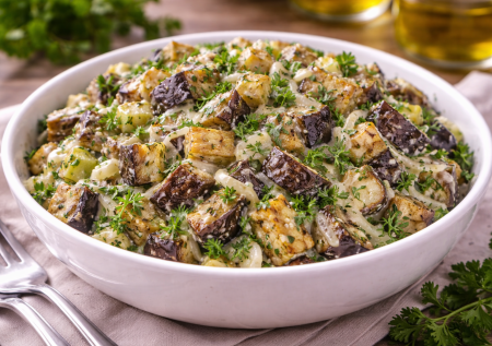 Такой салат из баклажанов можно есть тоннами: нужен лук и майонез — запекаю брусками и получается невероятно вкусно