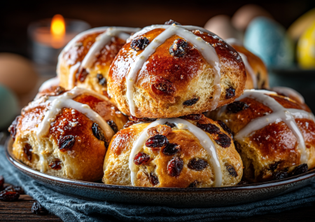 Вместо кулича — крестовые булочки с изюмом и вишней: мягкие, пряные, с хрустящей корочкой. Украшение пасхального стола