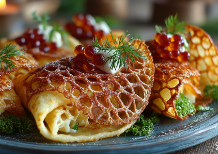 Блинная закуска «Макраме» — вместо скучных рулетов: ажурные, кружевные и с любой начинкой