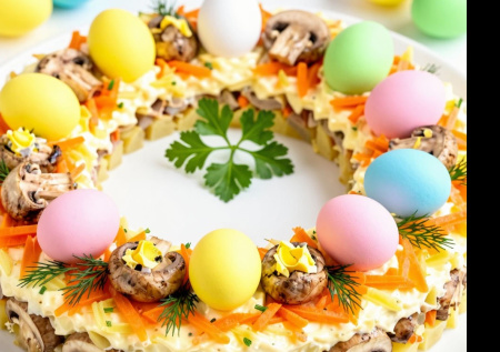 Салат «Пасхальный венок» — вместо скучного оливье: слоистый, сытный и очень нарядный