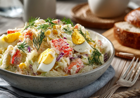 Легкий и сытный: салат с пекинской капустой и крабовыми палочками — из дешевых продуктов и без слоев