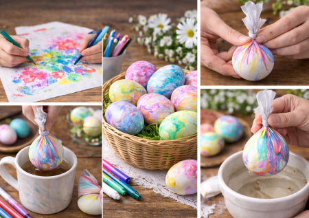Рисую маркером на салфетке и кутаю яйца: получаются с красивыми разводами — без красителей. Как просто покрасить яйца к Пасхе