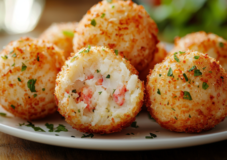 Разминаю крабовые палочки вилкой — и в духовку — через 20 минут подаю нежные крокеты: с хрустящей корочкой и нежной сердцевиной