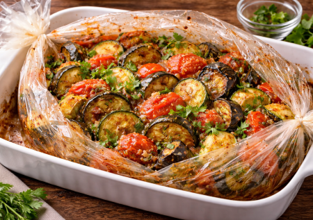 Кладу овощи и взбитые помидоры в рукав для запекания: через 30 минут ароматный гарнир к мясу готов