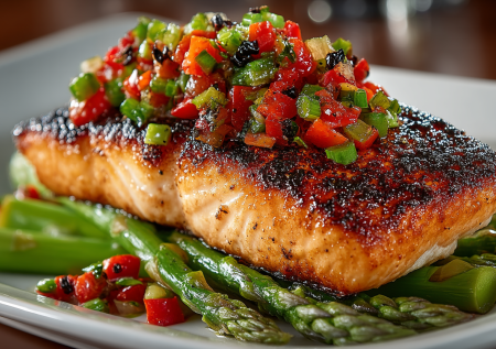 Сокровище, а не рецепт: нерка со спаржей и оливковой сальсой — вкус Средиземноморья за 20 минут