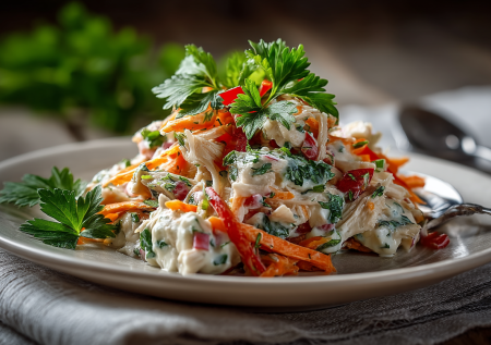 Грузинский салат «Ацецили» с куриной грудкой и болгарским перцем: в составе самые простые продукты