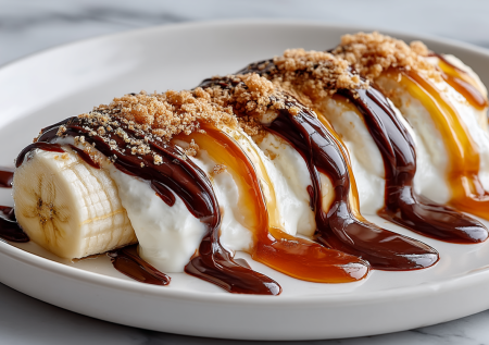 Три соуса для одного банана: ванильная нежность, апельсиновая карамель и бархатный шоколад. Десерт-трансформер для гурманов