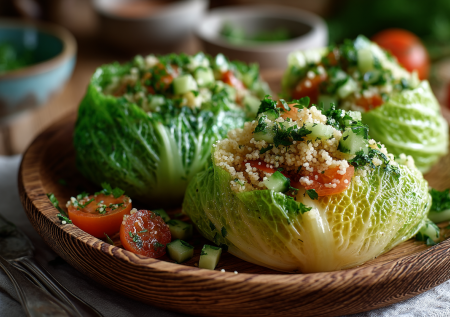 Салат «Табуле» с кускусом и овощами на листьях капусты: восточная закуска из обычных продуктов