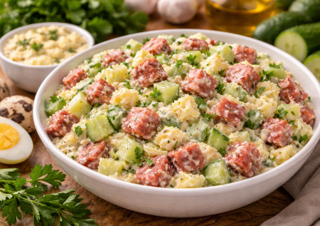 Актуально на Пасху: салат с заправкой из вареных яиц — колбаса, огурчики и простота приготовления