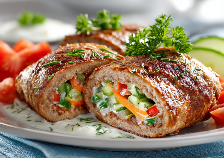 Вместо шавермы делаю мясной рулет с овощами и чесночным соусом: без муки и без теста