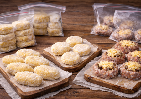 Отправляю в заморозку — и бед не знаю: картофельные зразы, гнёзда из фарша и сырники. Достал и запек