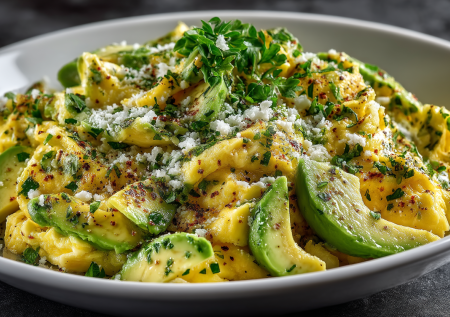 Вместо скучной глазуньи — зеленая яичница с авокадо и сыром. Свежо, сытно, красиво. Идеальный весенний завтрак