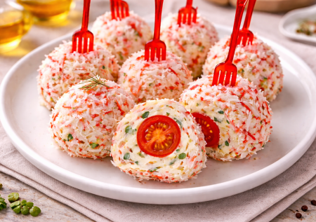 Закуска «Шарики» из крабовых палочек по-новому: вариант с помидорами внутри — красиво, просто и очень вкусно