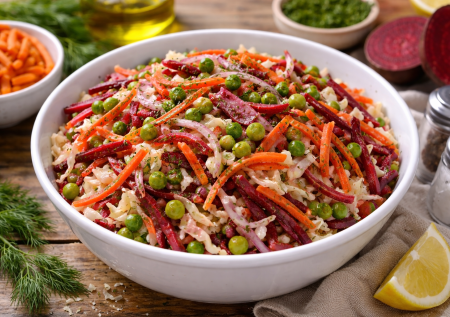 Его можно делать тазиками: капустный салат со свеклой, корейской морковью и горошком — масса витаминов и вкус