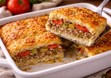 Беру пачку кефира и готовлю заливной пирог «Бургер» — сочная начинка и простой рецепт