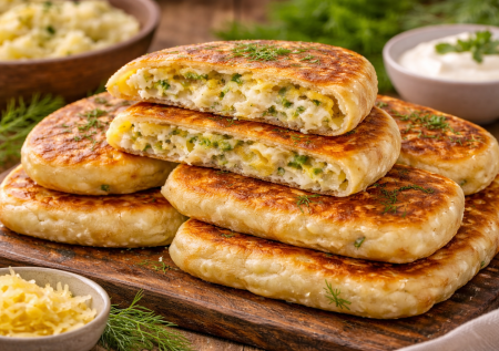 Пирожки-лепешки с картошкой и сыром — мягкие внутри, с хрустящей корочкой. Исчезают со стола за минуты