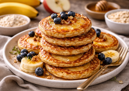 Мешаю овсянку, банан и яйцо: через 20 минут гора оладий готова. Фишка — в колечках яблок. Быстрый рецепт полезных панкейков