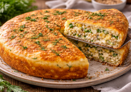 Пирог «Трехминутка» с рисом и консервами — тесто без раскатки и сочная начинка. Секрет, чтобы не был влажным внутри