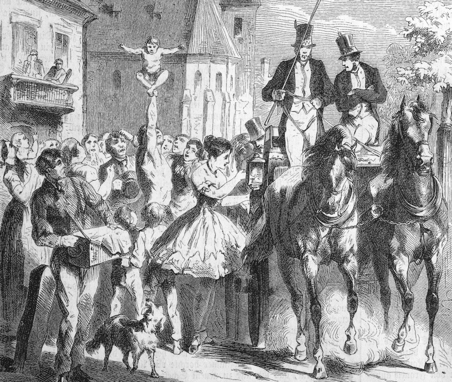 Уличная сцена, прибытие цирка в город, гравюра на дереве, 1888 год, Англия