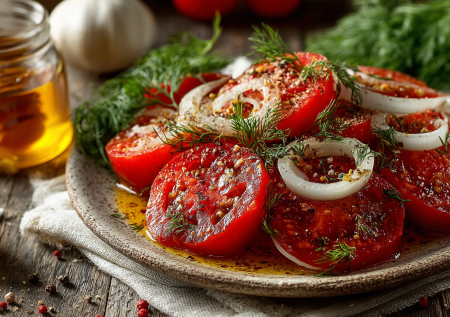 К ужину, шашлыку и на закуску: помидоры с луком — салат с медовым маринадом