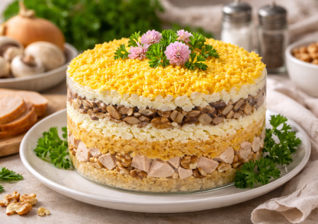 Салат «Счастливая женщина» — слоеный, нежный и исчезает со стола первым. Гости всегда просят рецепт