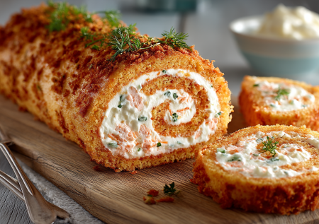 Ни один ролл из лаваша не сравнится с эти рулетом: корж из моркови и сочная начинка с крабовыми палочками