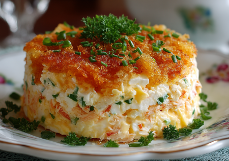 Крабовый салат-торт: сыр, яйца, крабовые палочки — и ни грамма возни