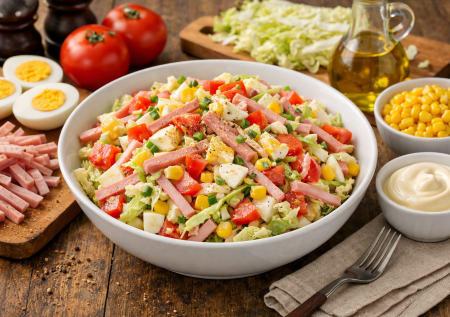 Он точно понравится всем: нарезаем ветчину, яйца и пекинку. Простой салат, который исчезает со стола первым