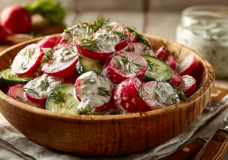 Все дело в сметанной заправке: весенний салат из редиски и огурцов — готова есть тазиками